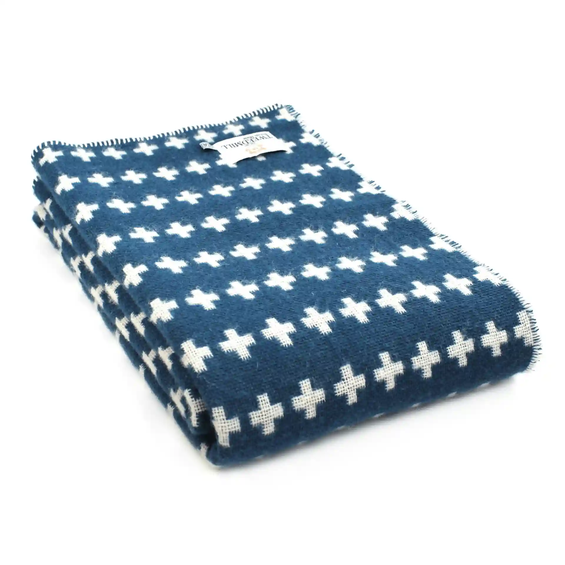 Throw from pure new wool - Cross with a Blanket Stitch Edge/Ink & Cream