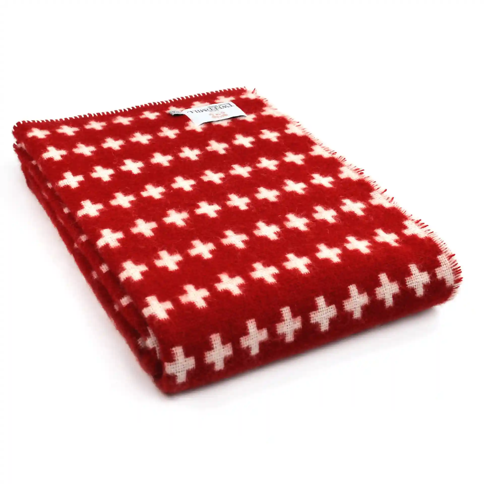 Throw from pure new wool - Cross with a Blanket Stitch Edge/Red & Cream