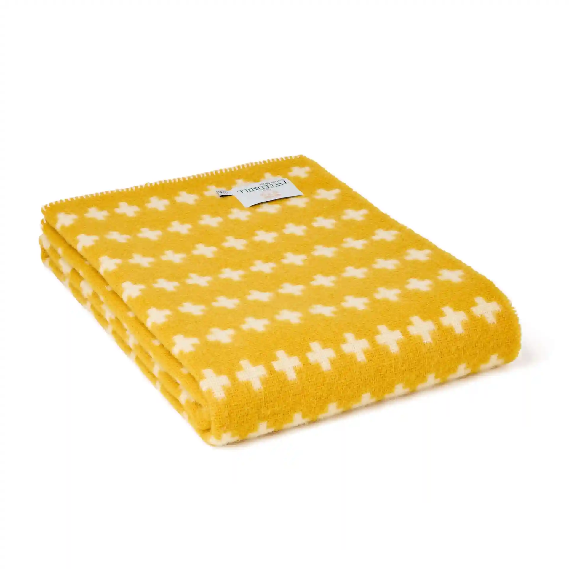 Throw from pure new wool - Cross with a Blanket Stitch Edge/Yellow & Cream